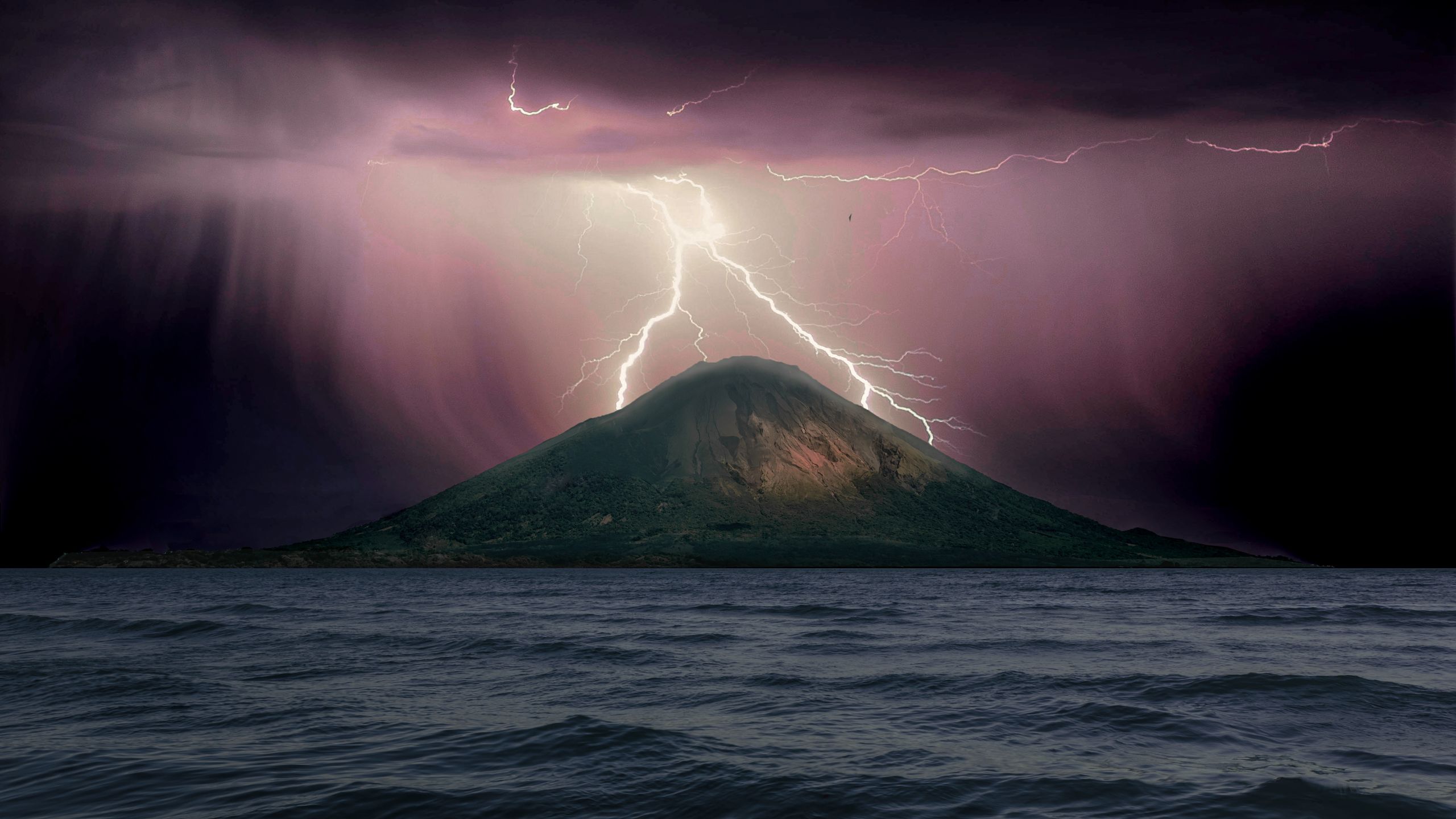 island volcano in lightning storm